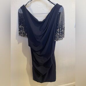 Elegant Navy Dress with Beaded Sleeves Size 12